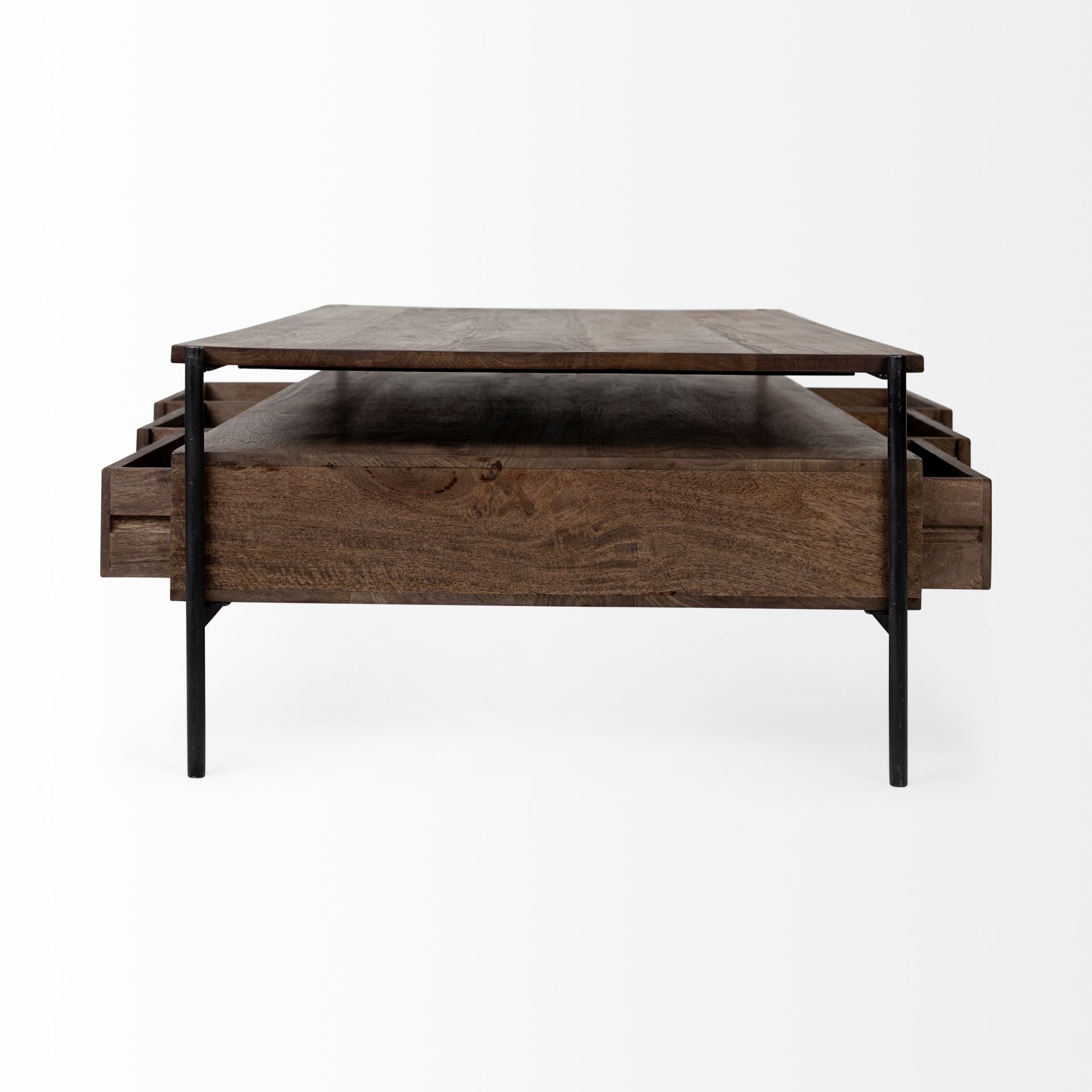 Rectangular Solid Wood and Black Metal Coffee Table w/ 3 Drawers