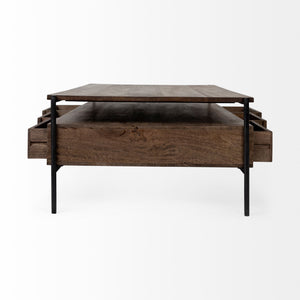 Rectangular Solid Wood and Black Metal Coffee Table w/ 3 Drawers