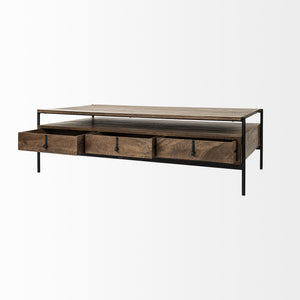 Rectangular Solid Wood and Black Metal Coffee Table w/ 3 Drawers
