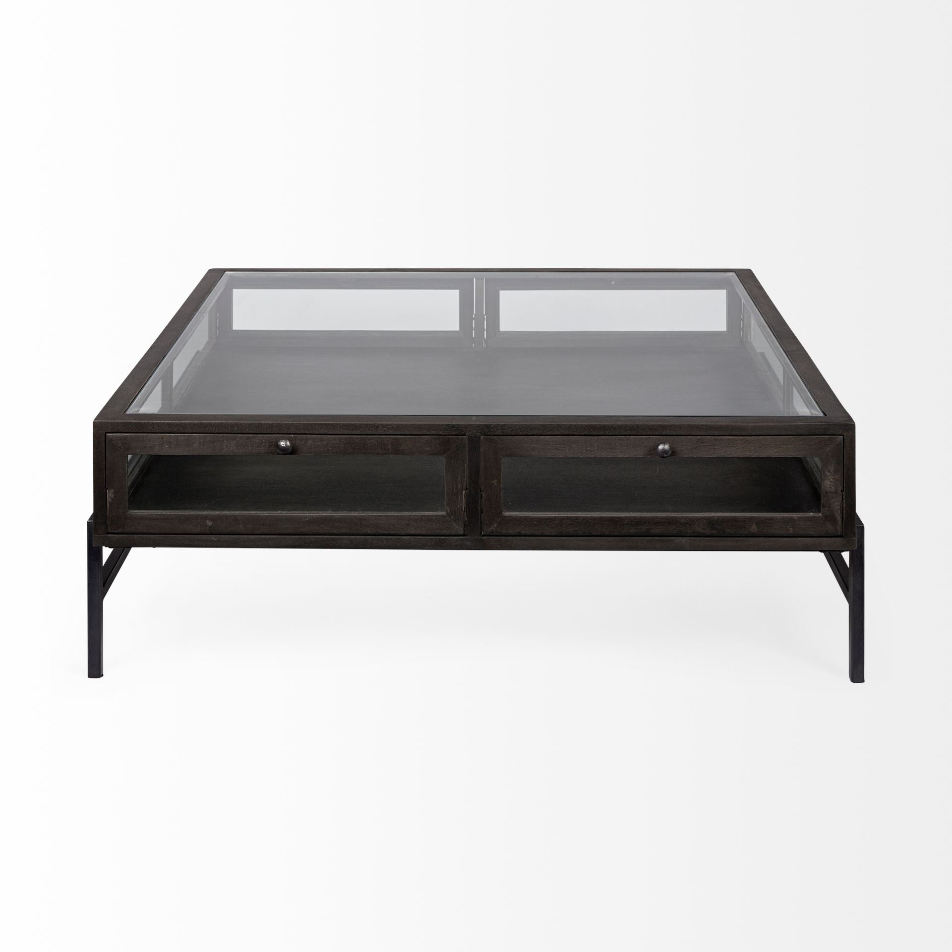 Square Glass Top Wood and Black Metal Base Display Coffee Table w/ 2 Drawers