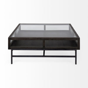 Square Glass Top Wood and Black Metal Base Display Coffee Table w/ 2 Drawers