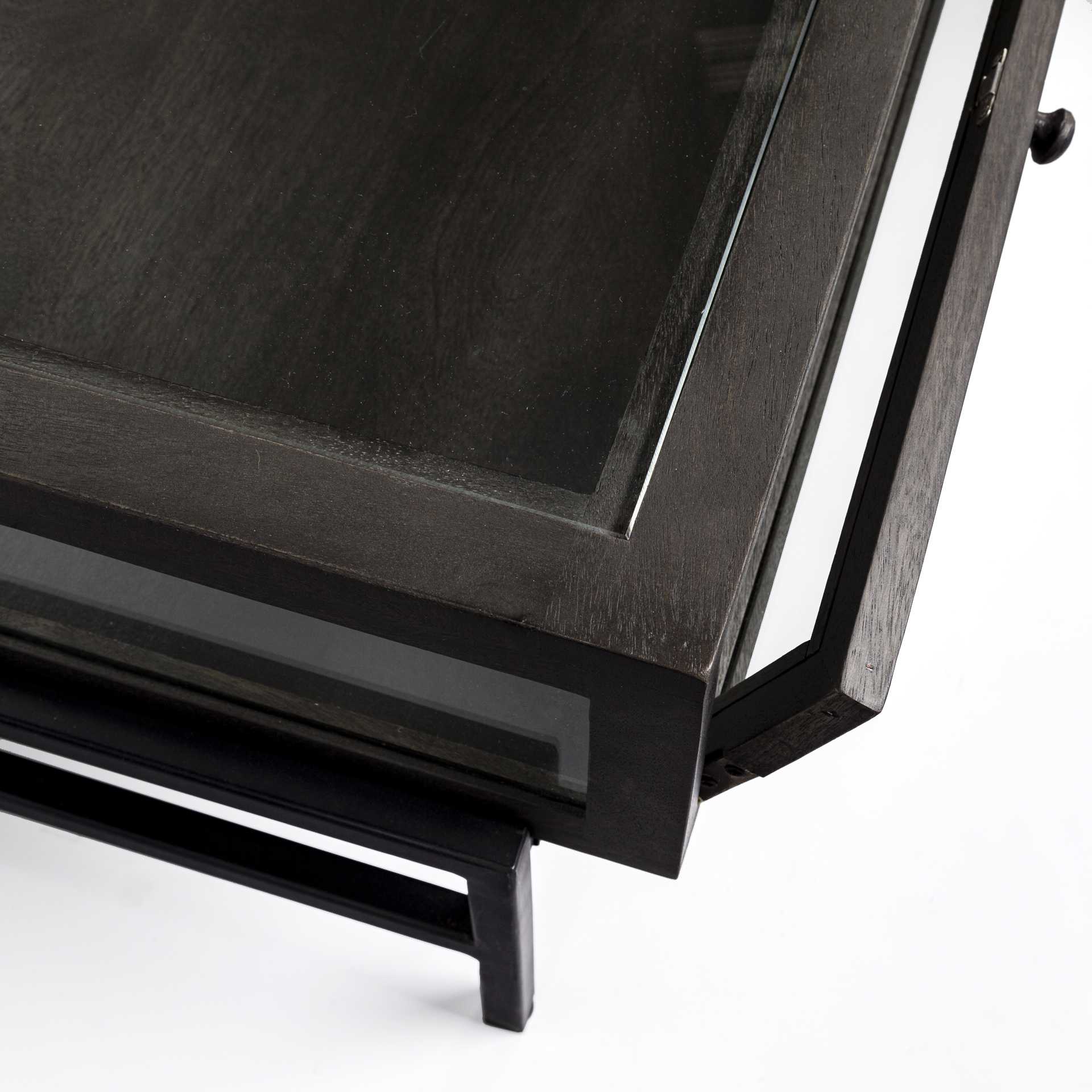 Square Glass Top Wood and Black Metal Base Display Coffee Table w/ 2 Drawers