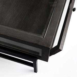 Square Glass Top Wood and Black Metal Base Display Coffee Table w/ 2 Drawers