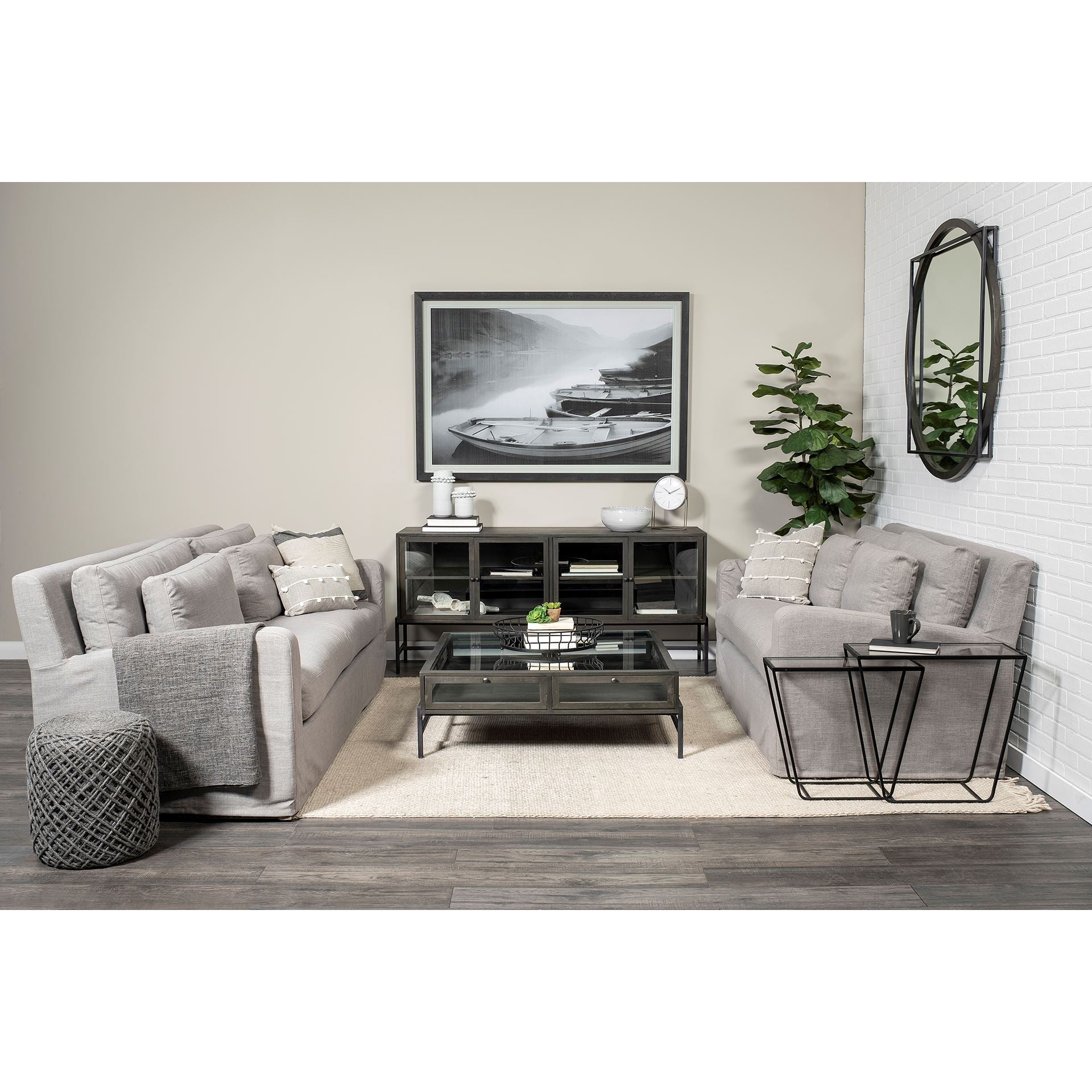 Square Glass Top Wood and Black Metal Base Display Coffee Table w/ 2 Drawers