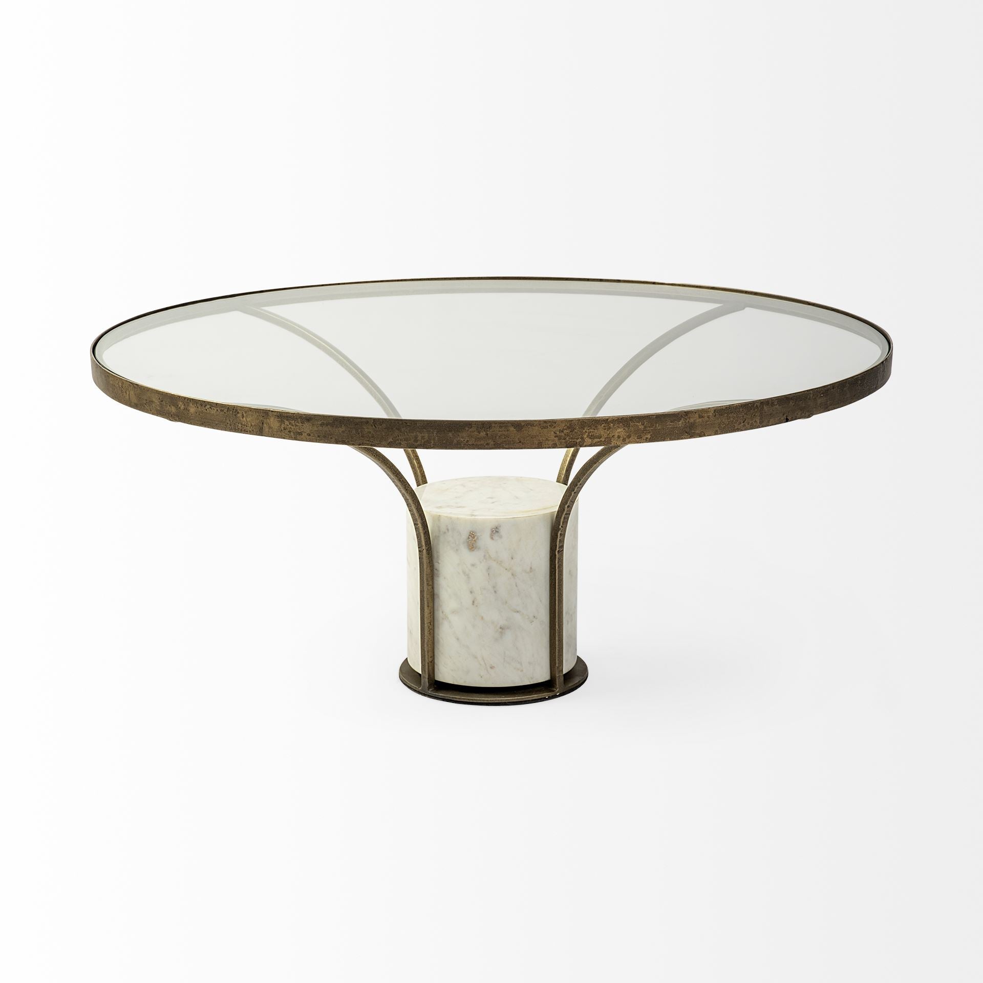 36" Round Glass Top Metal and Marble Pedestal Coffee Table