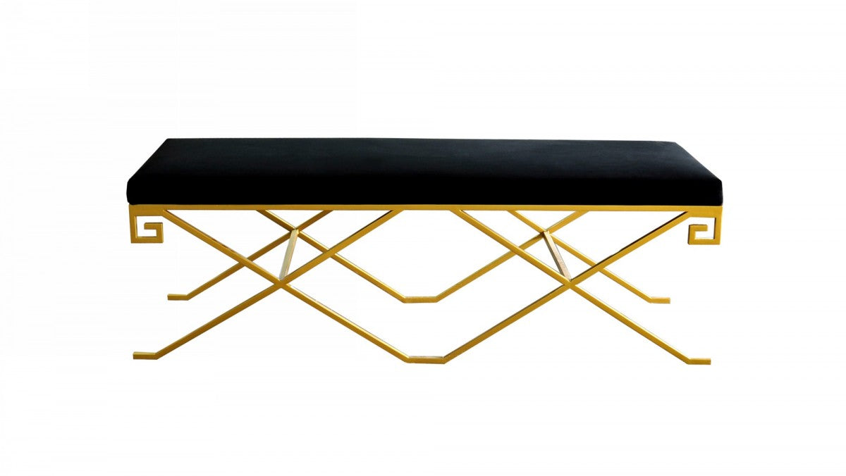 Rectangular Modern Black Velvet Bench w/ Champagne Gold Steel Frame