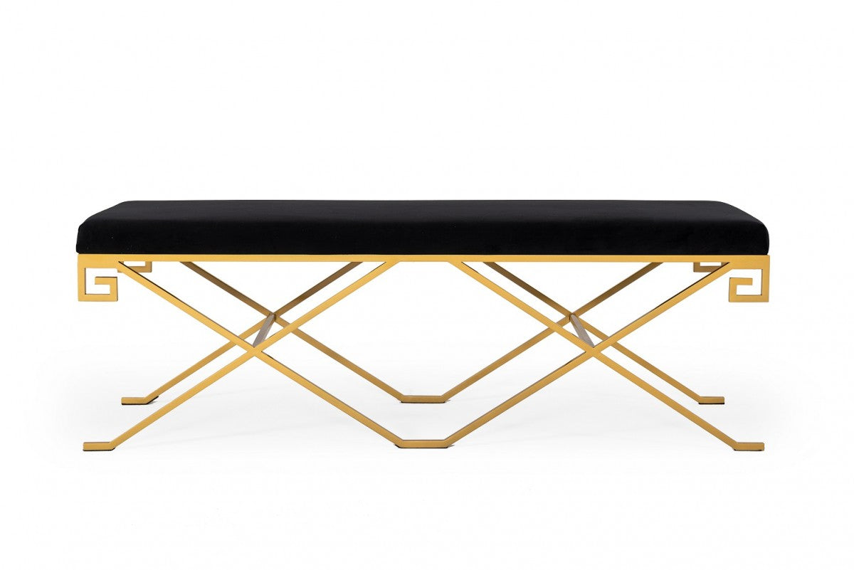 Rectangular Modern Black Velvet Bench w/ Champagne Gold Steel Frame
