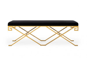 Rectangular Modern Black Velvet Bench w/ Champagne Gold Steel Frame