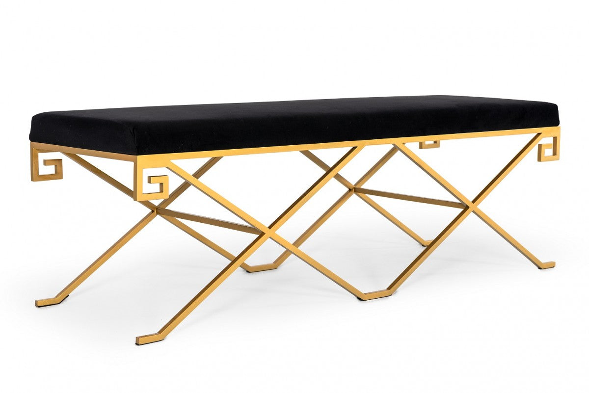 Rectangular Modern Black Velvet Bench w/ Champagne Gold Steel Frame