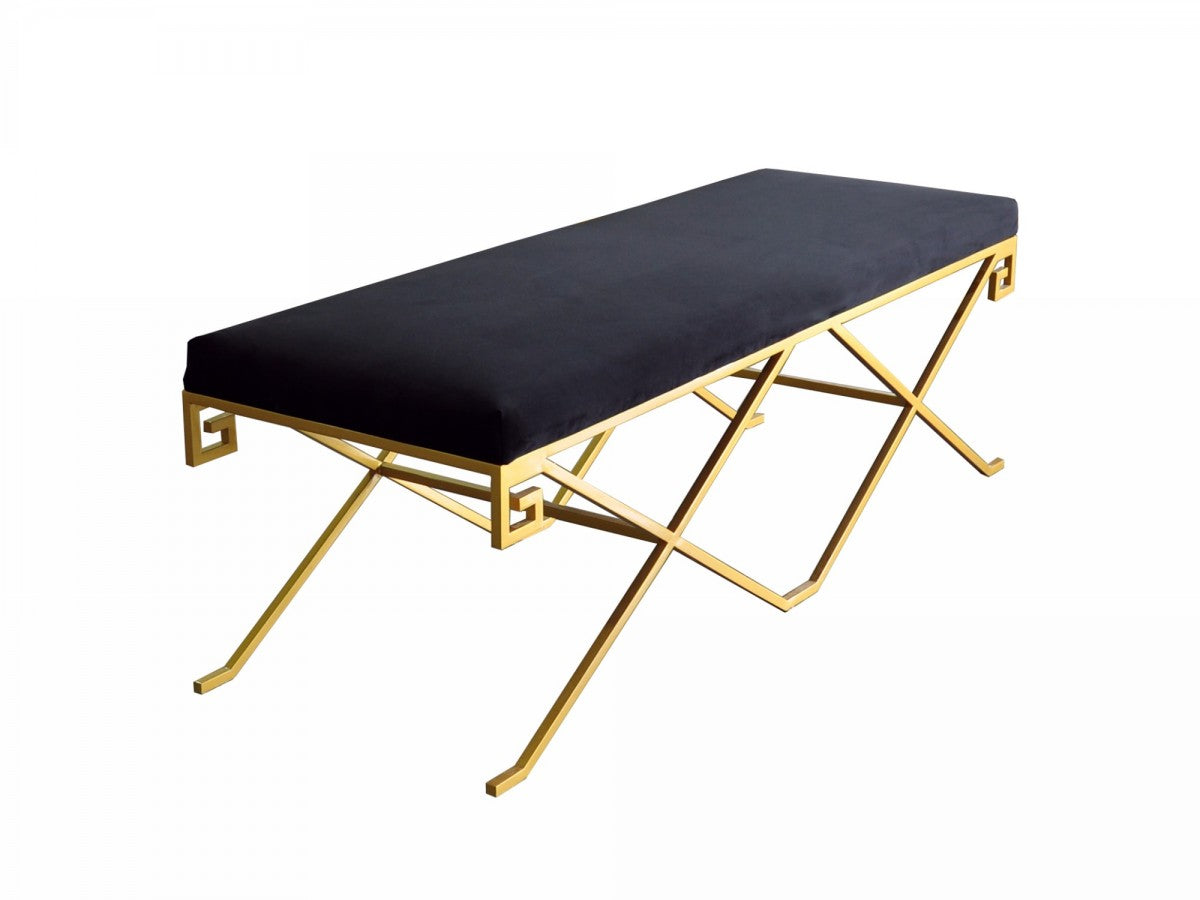 Rectangular Modern Black Velvet Bench w/ Champagne Gold Steel Frame