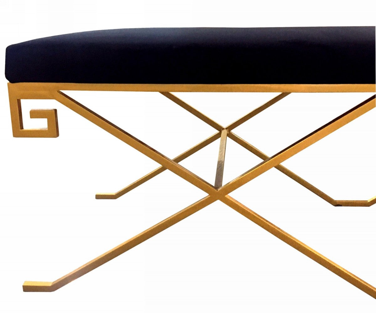 Rectangular Modern Black Velvet Bench w/ Champagne Gold Steel Frame