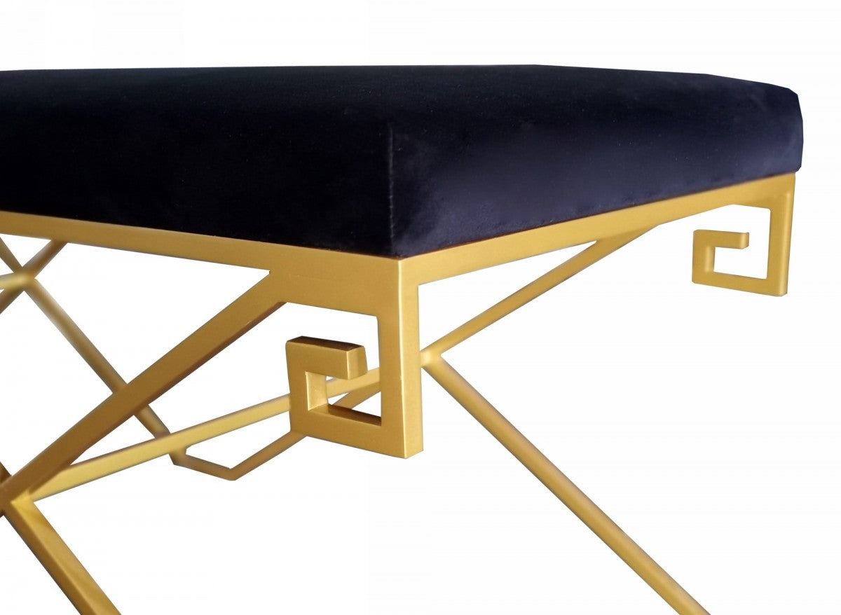 Rectangular Modern Black Velvet Bench w/ Champagne Gold Steel Frame