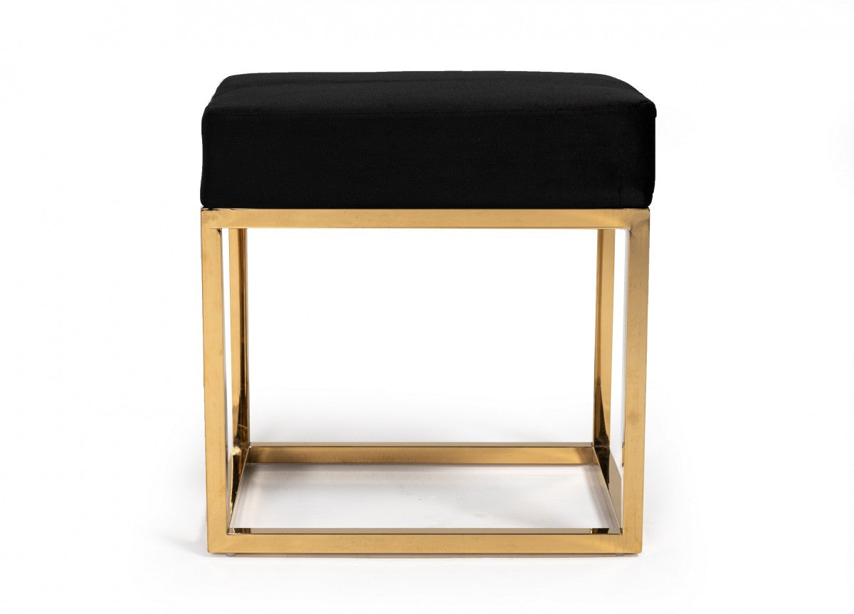 Square Modern Black Velvet Ottoman w/ Gold Stainless Steel