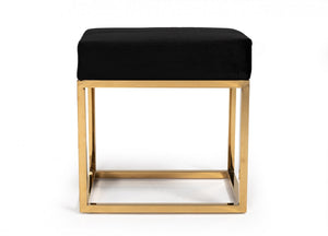 Square Modern Black Velvet Ottoman w/ Gold Stainless Steel