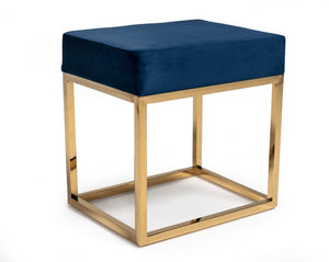 Square Modern Blue Velvet Ottoman w/ Gold Stainless Steel