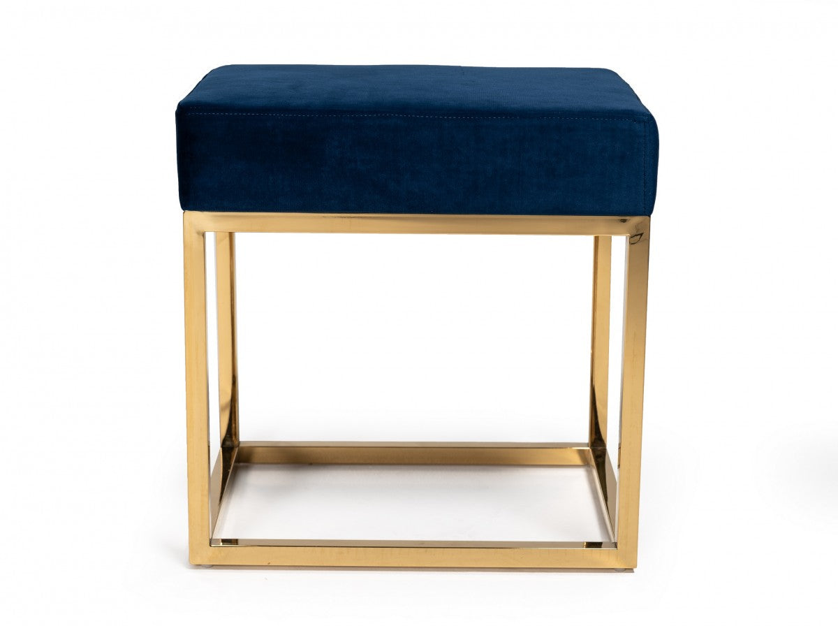 Square Modern Blue Velvet Ottoman w/ Gold Stainless Steel