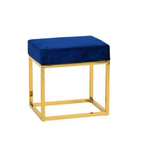 Square Modern Blue Velvet Ottoman w/ Gold Stainless Steel