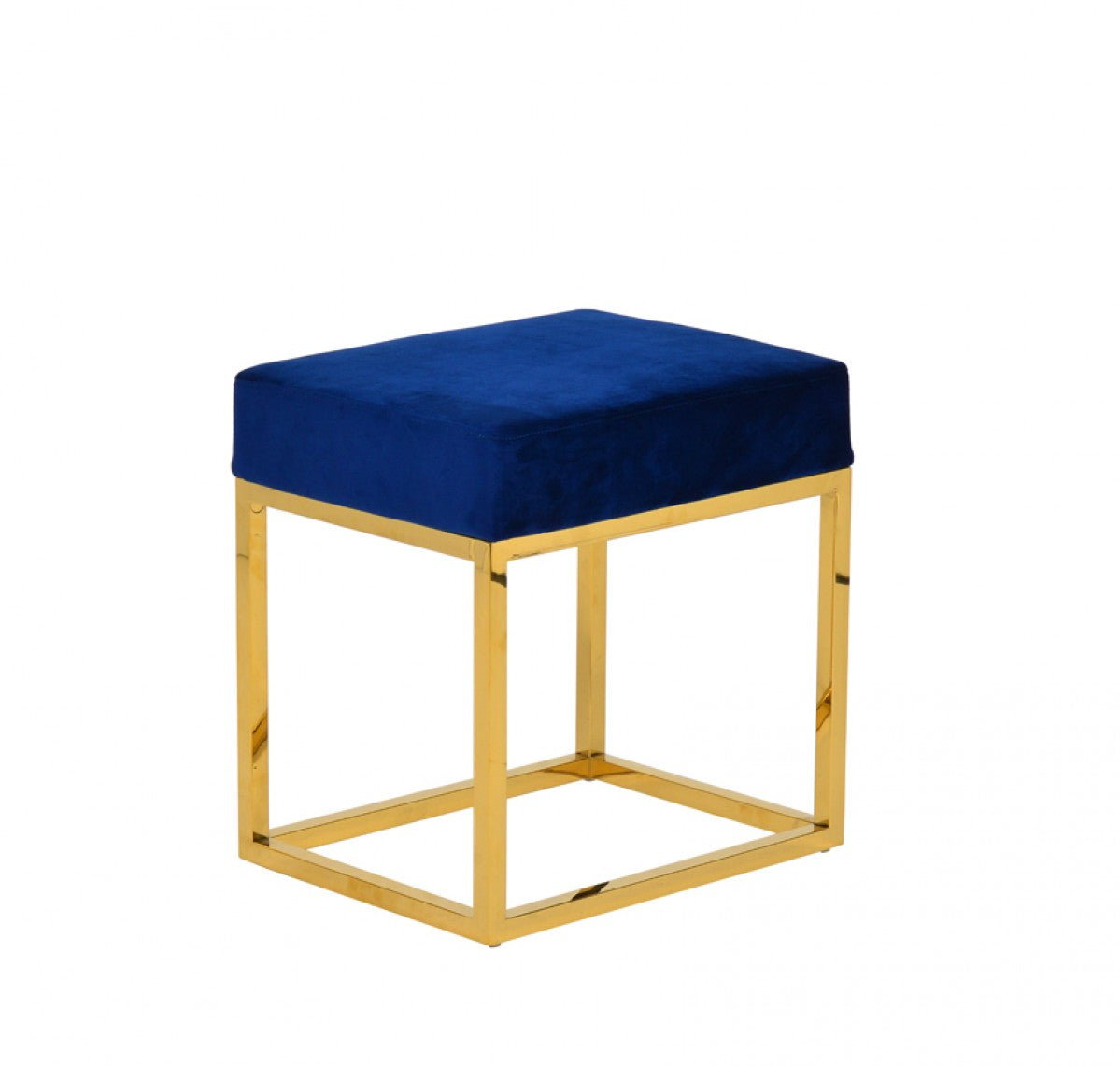 Square Modern Blue Velvet Ottoman w/ Gold Stainless Steel
