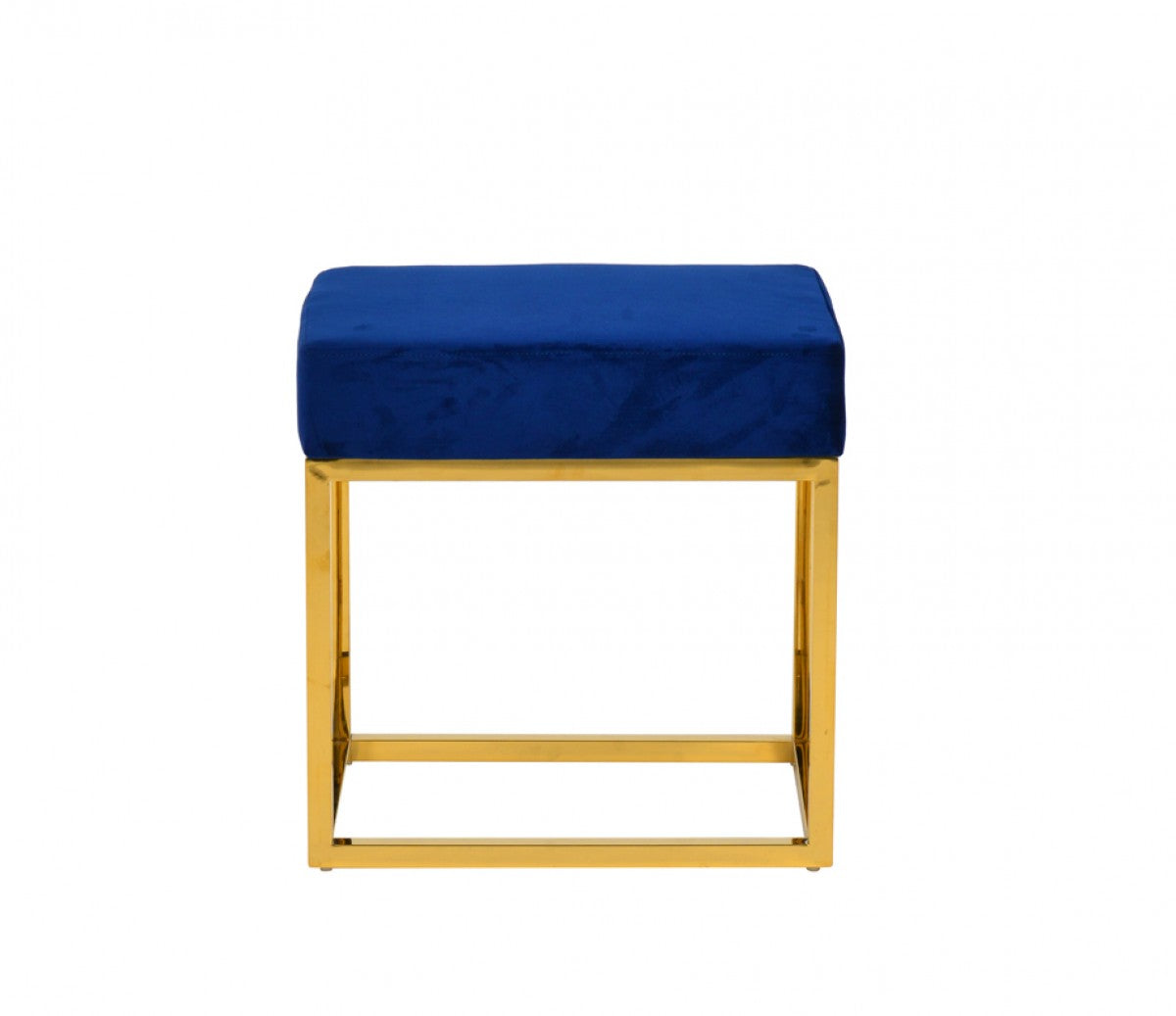 Square Modern Blue Velvet Ottoman w/ Gold Stainless Steel