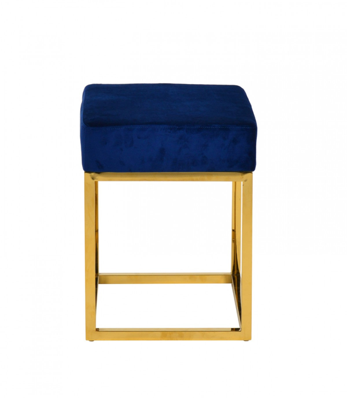 Square Modern Blue Velvet Ottoman w/ Gold Stainless Steel