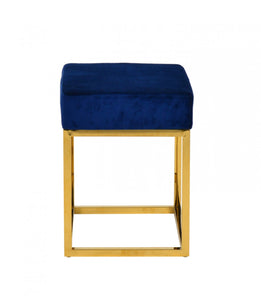 Square Modern Blue Velvet Ottoman w/ Gold Stainless Steel