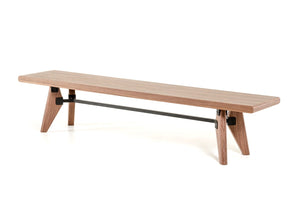 Modern Walnut Finish Dining Bench w/ Silky Black Metal Support Bar
