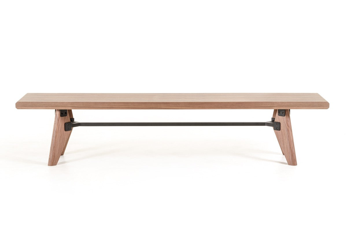 Modern Walnut Finish Dining Bench w/ Silky Black Metal Support Bar
