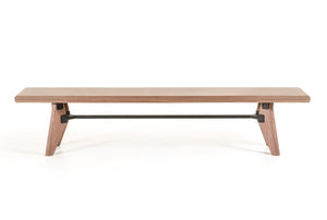 Modern Walnut Finish Dining Bench w/ Silky Black Metal Support Bar