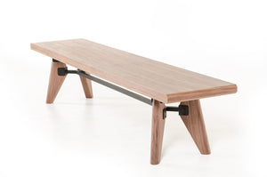 Modern Walnut Finish Dining Bench w/ Silky Black Metal Support Bar