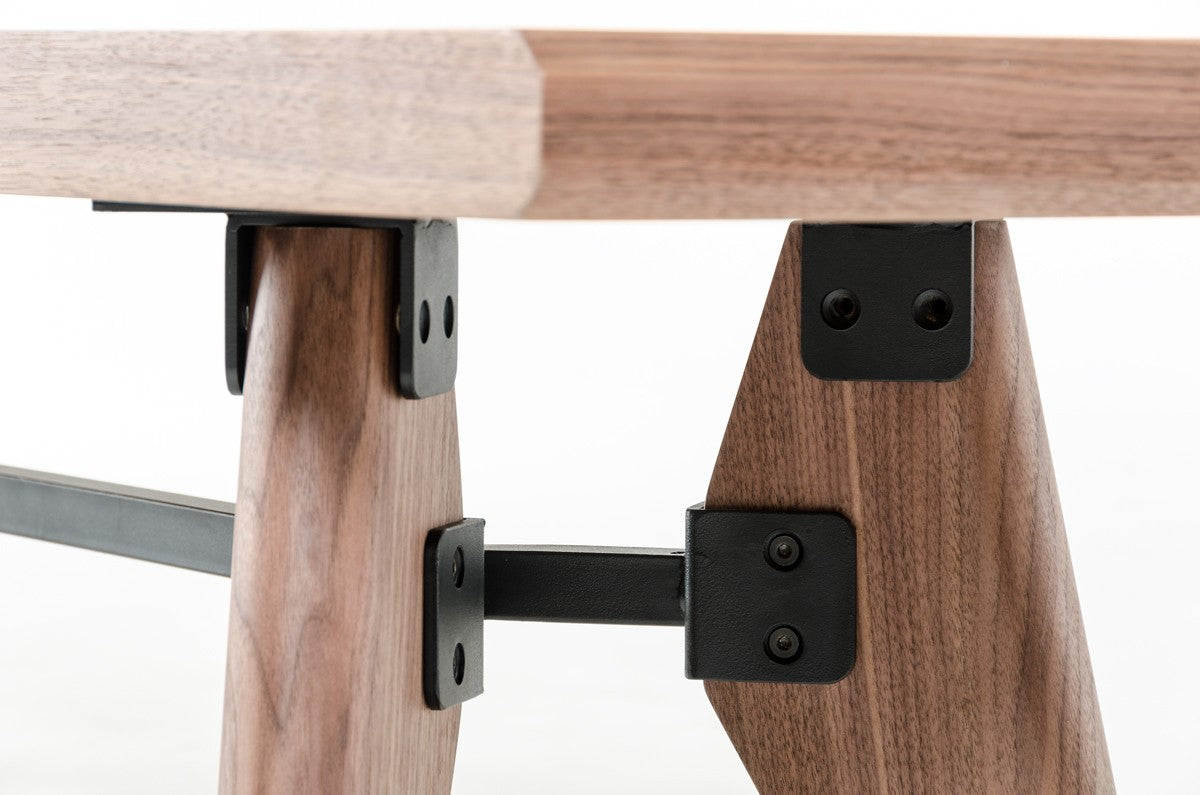 Modern Walnut Finish Dining Bench w/ Silky Black Metal Support Bar