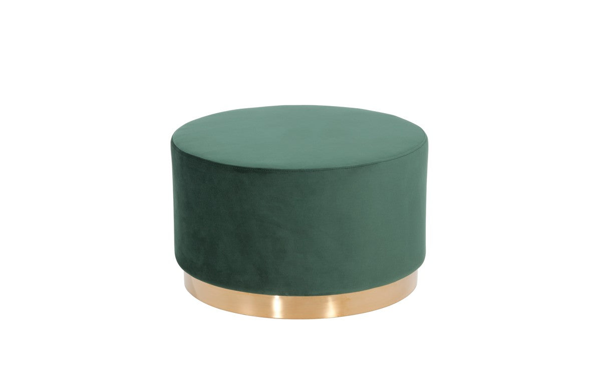 Round Modern Green Velvet Fabric Upholstered  Ottoman w/ Gold Stainless Steel Base