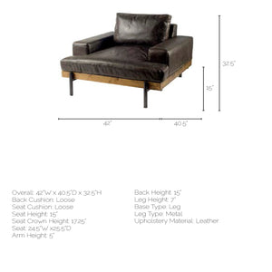 Dark Brown Moroccan Leather Wide Accent chair w/ Wood and Black Iron Base