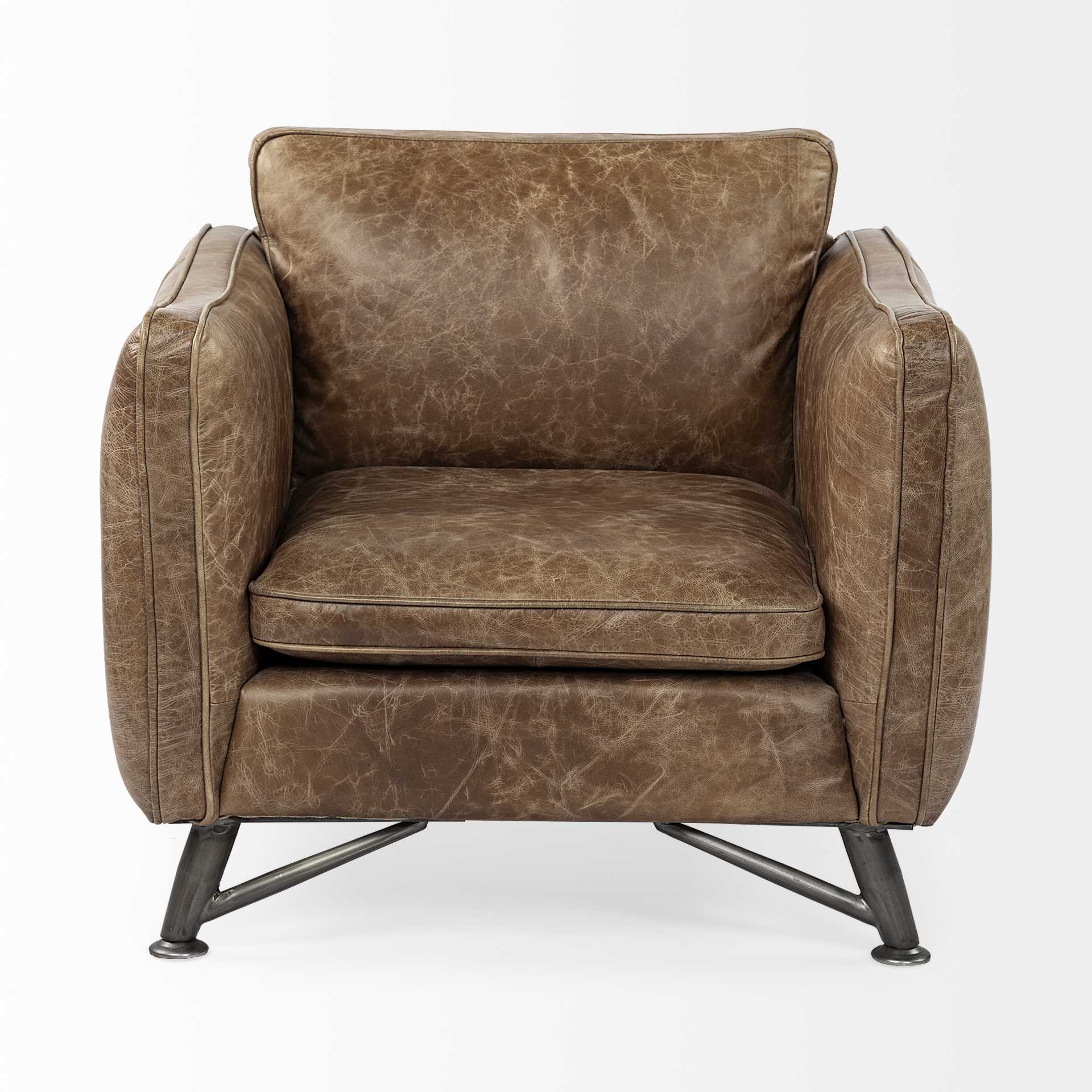 Brown Top-Grain Leather Wide Accent chair w/ Base and Iron Legs