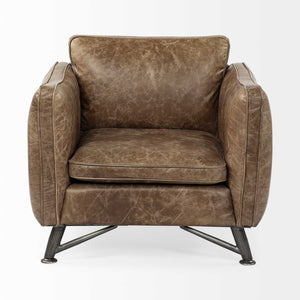 Brown Top-Grain Leather Wide Accent chair w/ Base and Iron Legs
