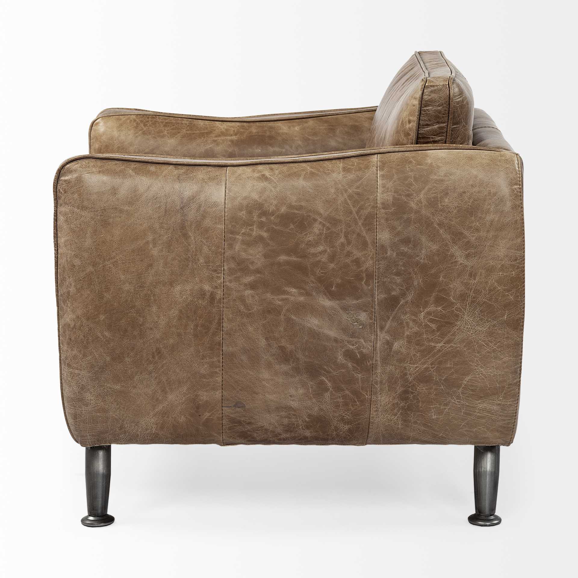 Brown Top-Grain Leather Wide Accent chair w/ Base and Iron Legs