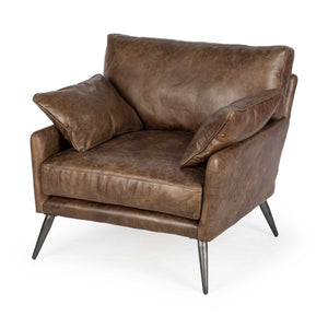 Espresso Brown Top-Grain Leather Wide Accent chair w/  Wooden Frame and Iron Legs