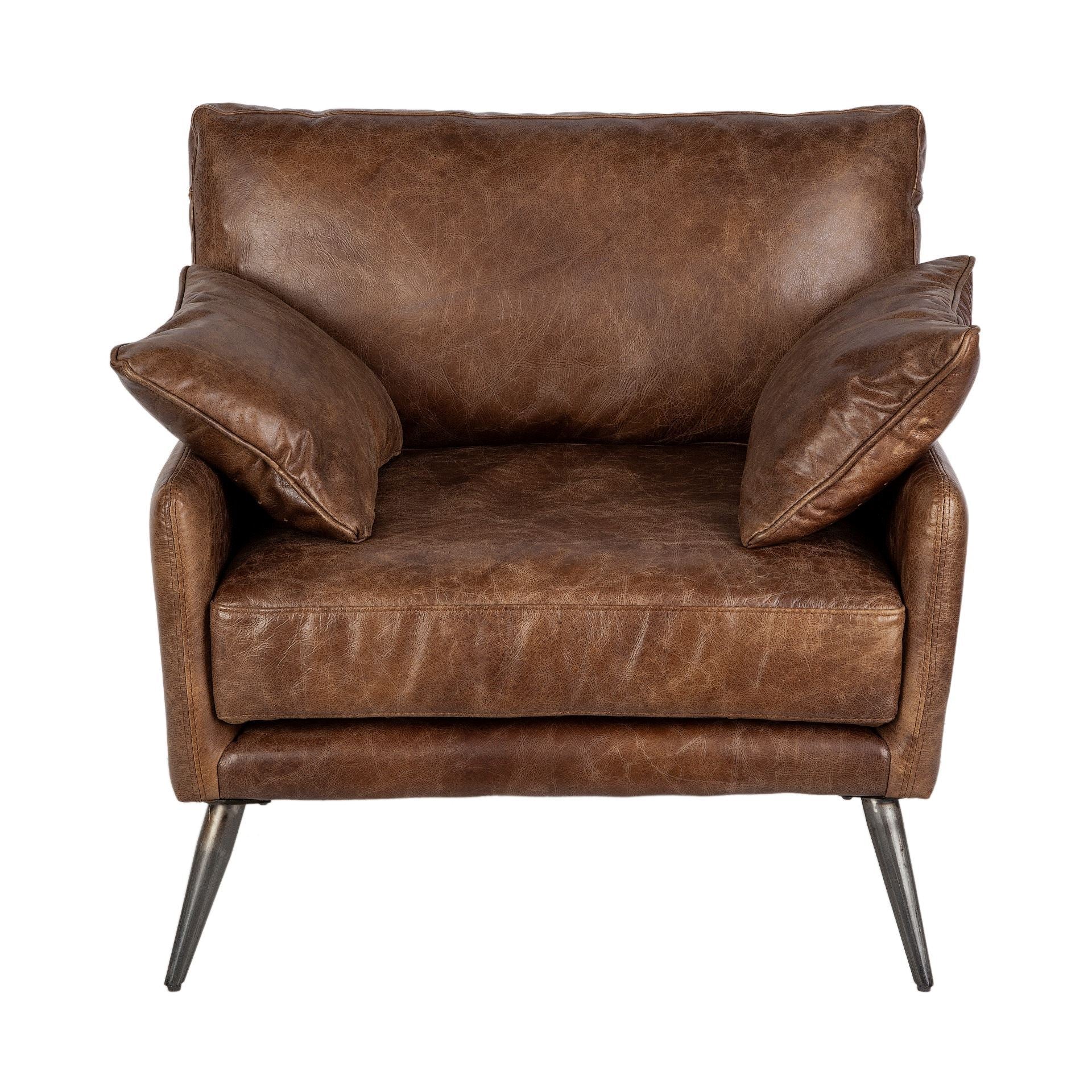 Espresso Brown Top-Grain Leather Wide Accent chair w/  Wooden Frame and Iron Legs