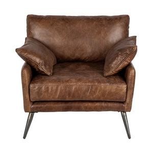 Espresso Brown Top-Grain Leather Wide Accent chair w/  Wooden Frame and Iron Legs