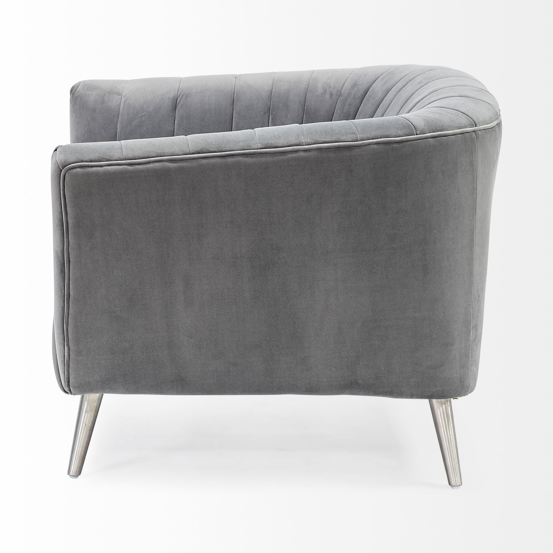 Gray Velvet-Wrapped Seating Wide Accent chair w/ Wooden Frame and Silver Iron Legs