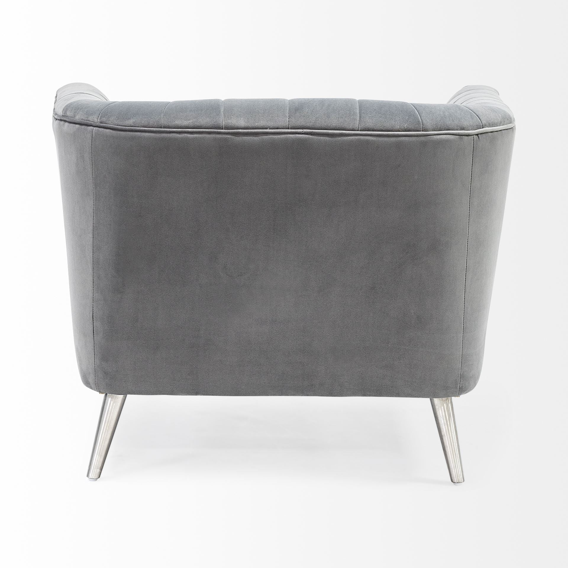 Gray Velvet-Wrapped Seating Wide Accent chair w/ Wooden Frame and Silver Iron Legs
