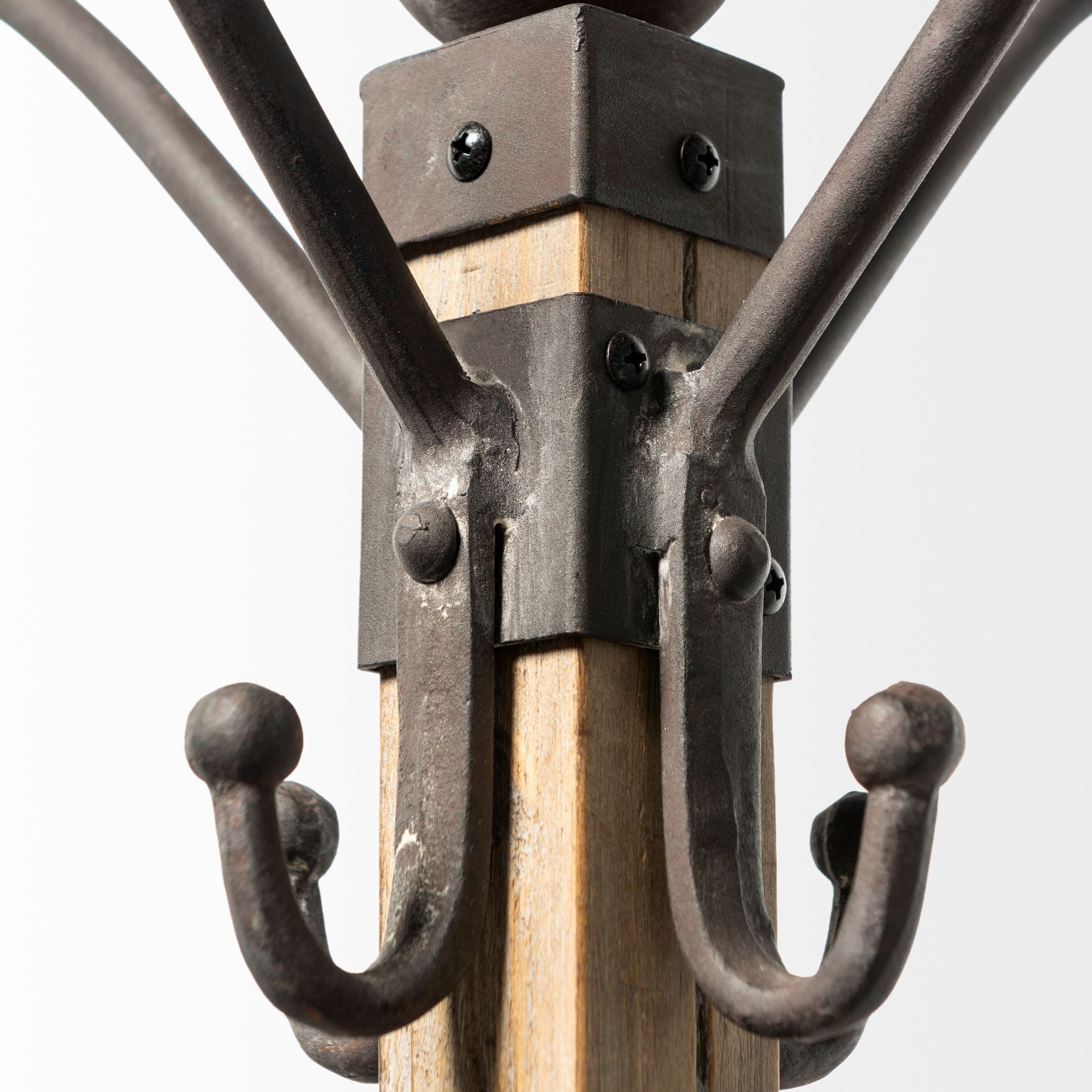 Black Metal and Wooden Coat Rack w/ Multiple Hooks