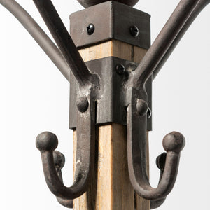Black Metal and Wooden Coat Rack w/ Multiple Hooks
