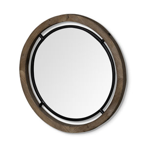 28" Brown Wood and Black Metal Frame Wall  Mirror