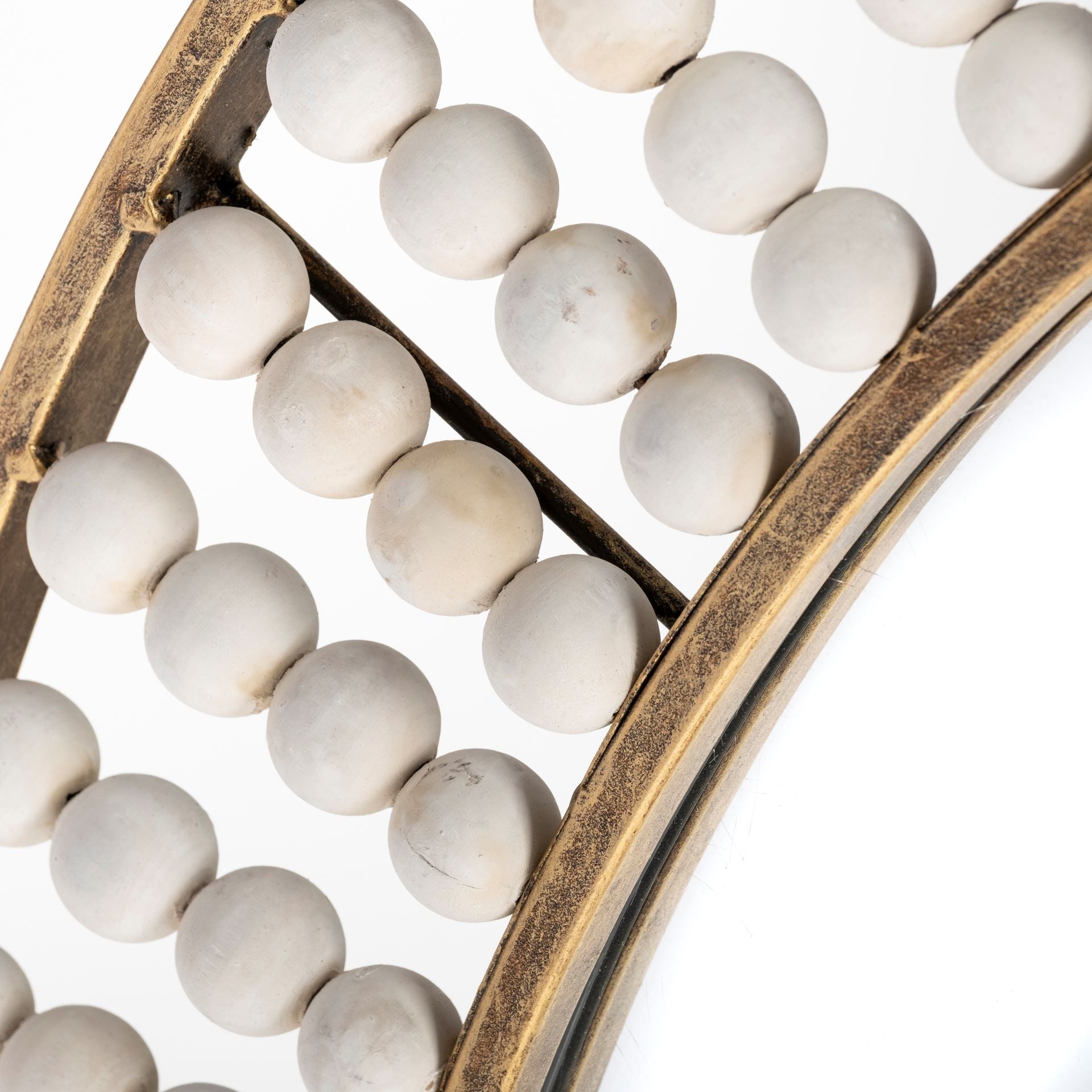 42" Round Gold Metal Frame Wall Mirror w/White Wood Beads