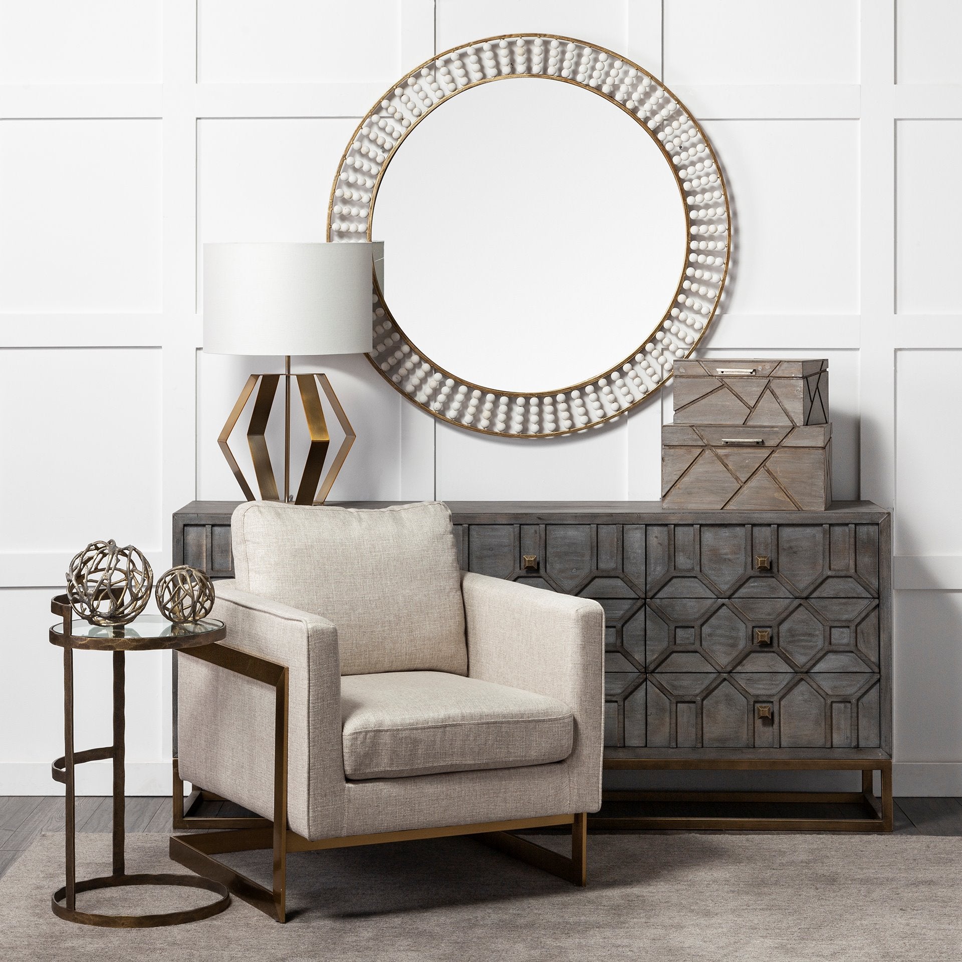 42" Round Gold Metal Frame Wall Mirror w/White Wood Beads