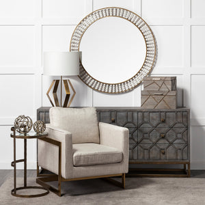42" Round Gold Metal Frame Wall Mirror w/White Wood Beads