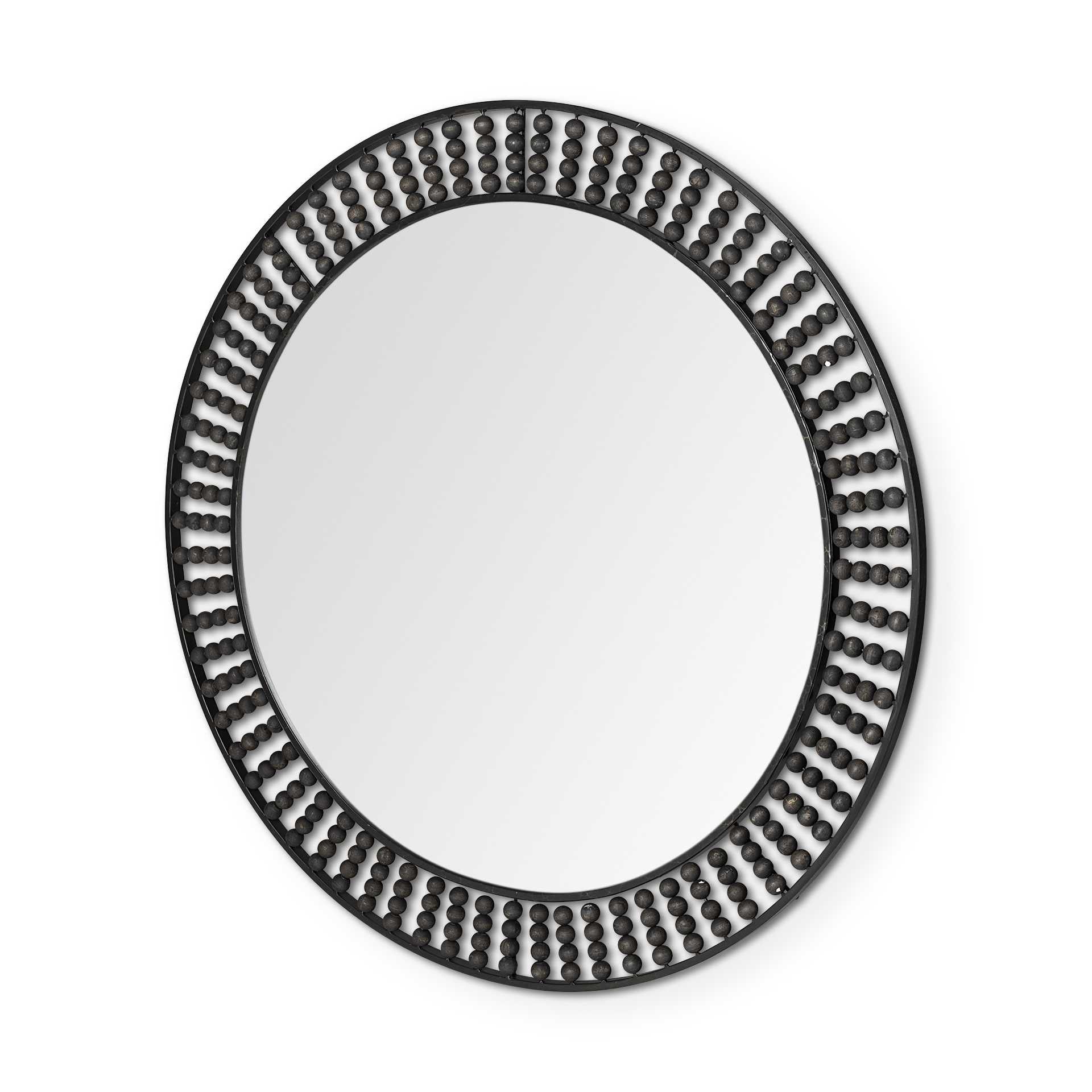 42" Round Black Metal Frame Wall Mirror w/Wood Beads