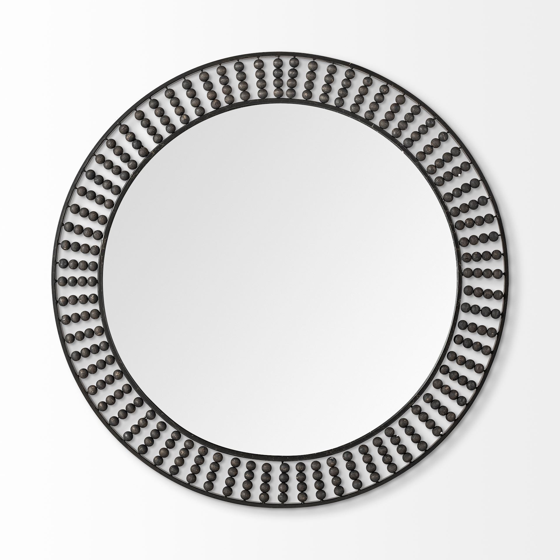 42" Round Black Metal Frame Wall Mirror w/Wood Beads