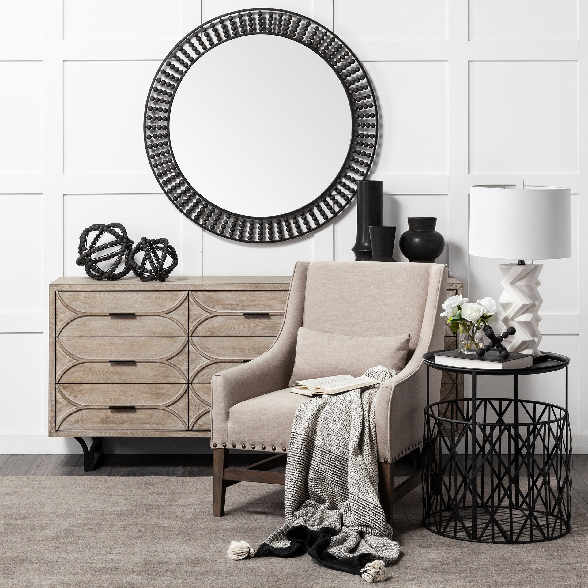 42" Round Black Metal Frame Wall Mirror w/Wood Beads