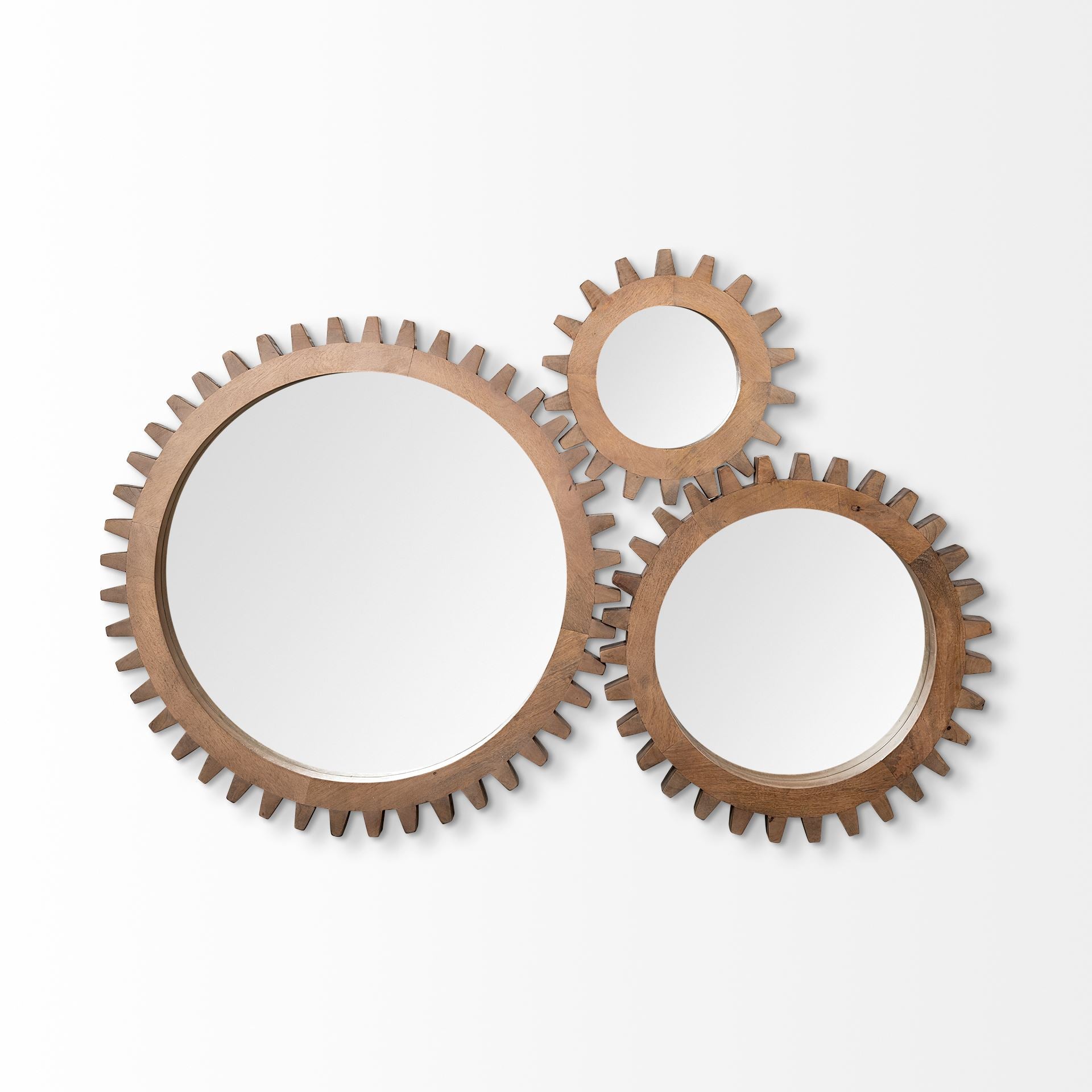 17" Round Brown Wood Frame with Brass Metal Lining Wall Mirror
